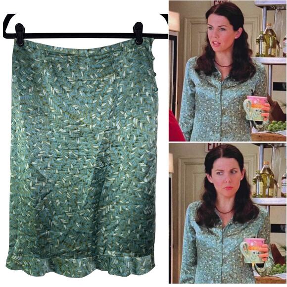 Vintage Y2K Tibi Skirt Women's 6 Silk Green Leaf Pattern Lorelai Gilmore Girls - Picture 1 of 7